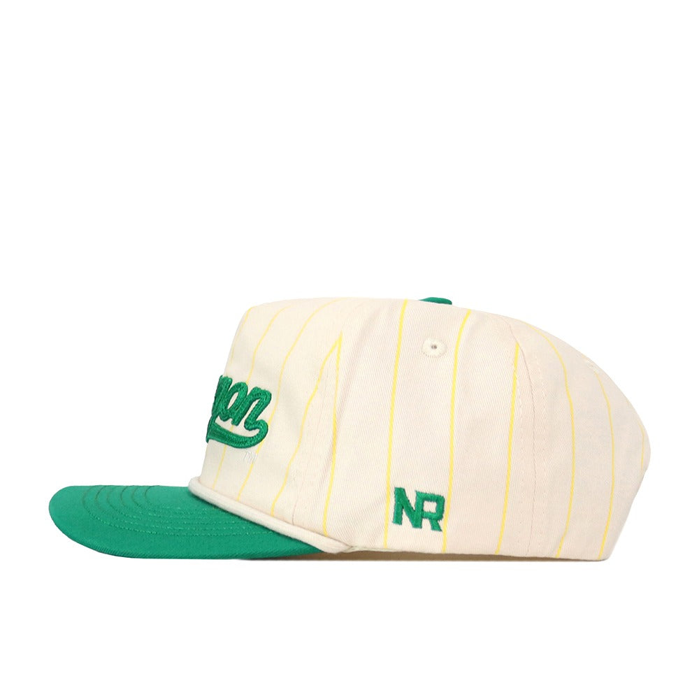 Side view of the No Rivals Oregon Pinstripe Hat in cream with yellow pinstripes, green flat brim, front logo embroidery, green NR initials on the side, and snap back closure for adjustable fit.