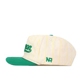 Side view of the No Rivals Oregon Pinstripe Hat in cream with yellow pinstripes, green flat brim, front logo embroidery, green NR initials on the side, and snap back closure for adjustable fit.