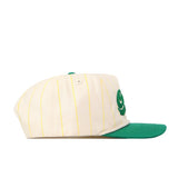 The No Rivals Oregon Pinstripe Hat features a cream base with yellow pinstripes, a green brim, and an embroidered logo. It has a snapback closure and is shown from the side against a white background.