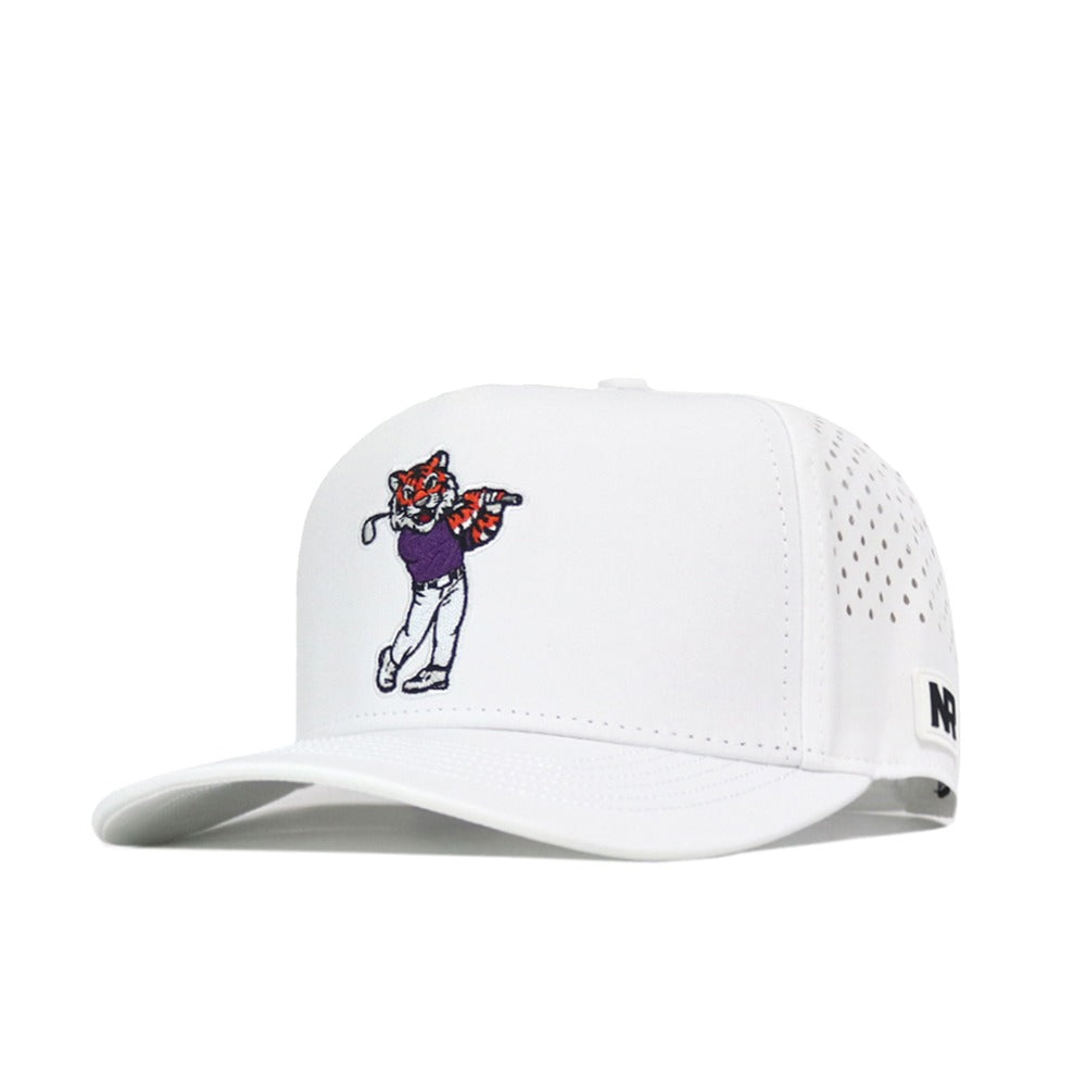 No Rivals Clemson Golf Hat - Swinging - White: This white baseball cap features a perforated back and an embroidered cartoon tiger front panel, dressed in a purple shirt and dabbing. An embroidered logo and snapback adjustment ensure a comfortable, custom gameday fit.