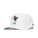 No Rivals Clemson Golf Hat - Swinging - White: This white baseball cap features a perforated back and an embroidered cartoon tiger front panel, dressed in a purple shirt and dabbing. An embroidered logo and snapback adjustment ensure a comfortable, custom gameday fit.