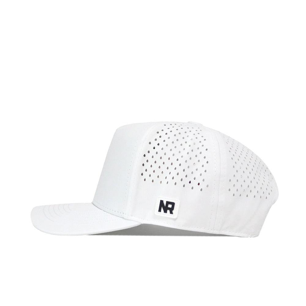 Introducing the Clemson Golf Hat - Swinging in White by No Rivals. This stylish snapback features a flat brim, perforated side and back panels for breathability, and a small rectangular NR patch embroidered on the front left side.