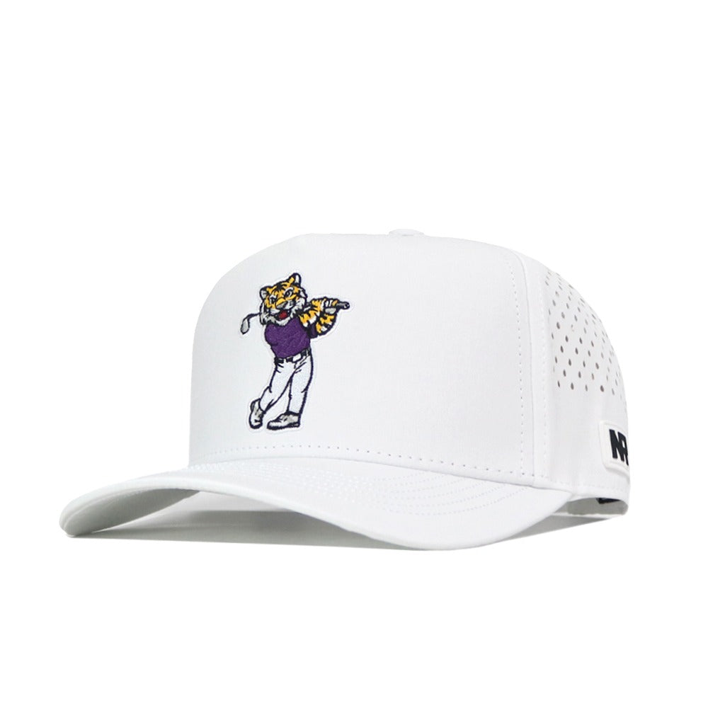 The No Rivals LSU Golf Hat - Swinging - White features an embroidered cartoon tiger swinging a golf club on the front, along with a standout embroidered logo. Designed for comfort and style, it includes perforated side panels, a small black logo on the left side of the brim, and an adjustable snap back closure for the perfect gameday fit.