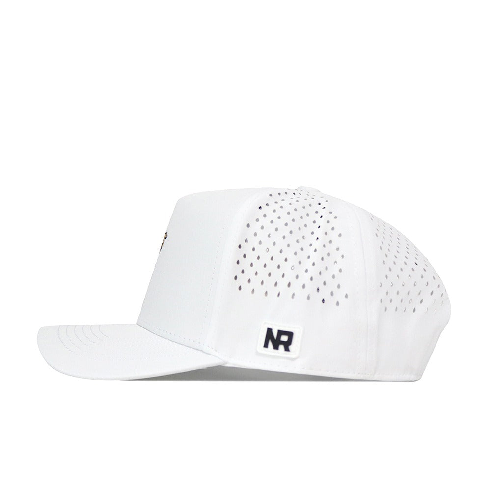 The No Rivals LSU Golf Hat - Swinging - White is displayed from a side angle against a white background. This white cap features ventilation holes on the sides, an NR embroidered logo tag near the back, and a convenient snap back adjustment.