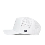 The No Rivals LSU Golf Hat - Swinging - White is displayed from a side angle against a white background. This white cap features ventilation holes on the sides, an NR embroidered logo tag near the back, and a convenient snap back adjustment.