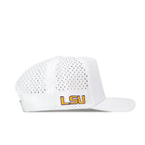 No Rivals’ LSU Golf Hat - Swinging in white features ventilation holes, an embroidered LSU logo in yellow and purple letters on the side, and a snap back adjustment for the perfect gameday fit.