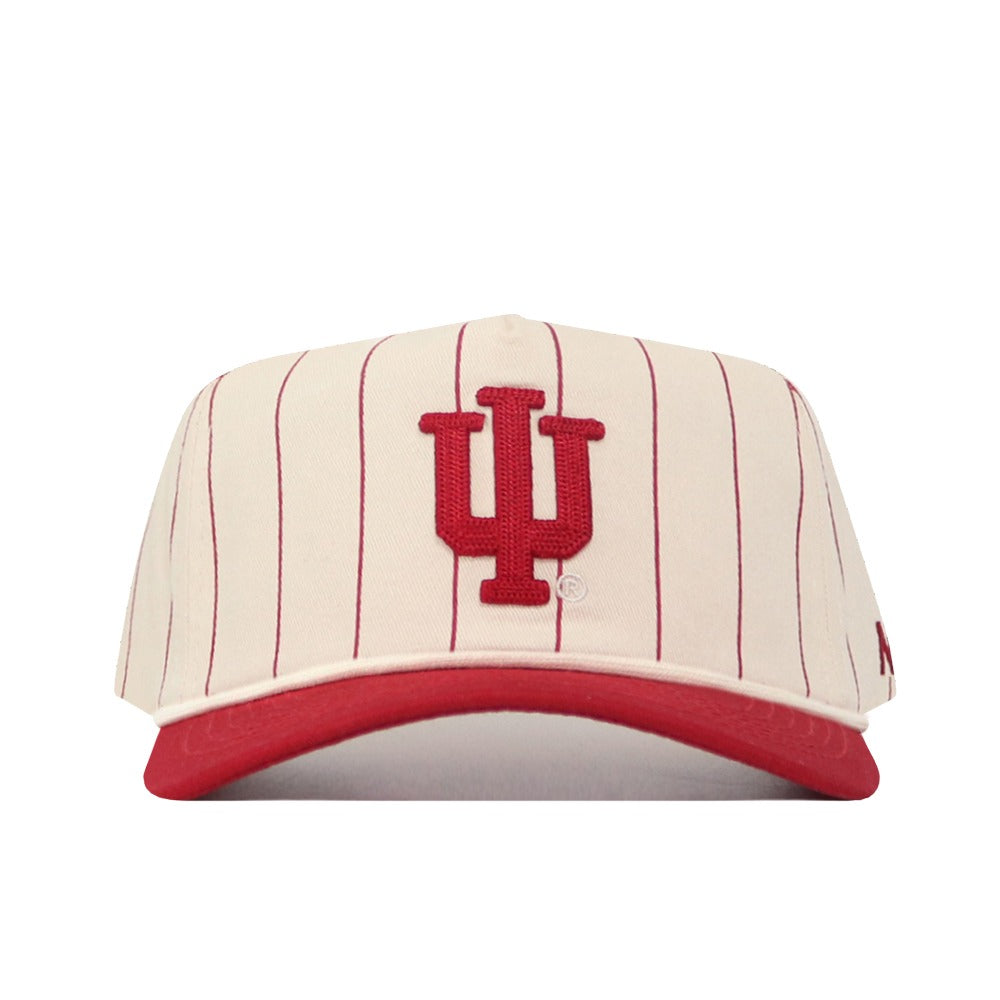 The No Rivals Indiana University Pinstripe Hat features a cream base with thin red vertical stripes, a bold red brim, and a prominent IU logo embroidered on the front center. Designed with an unstructured fit and an adjustable snap back closure, this one-size-fits-most hat delivers both comfort and style.