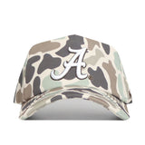 The No Rivals Alabama Crimson Tide Huntsman Hat features a camouflage pattern, a white embroidered letter A on the front, high-quality cotton construction, and a convenient snapback closure.