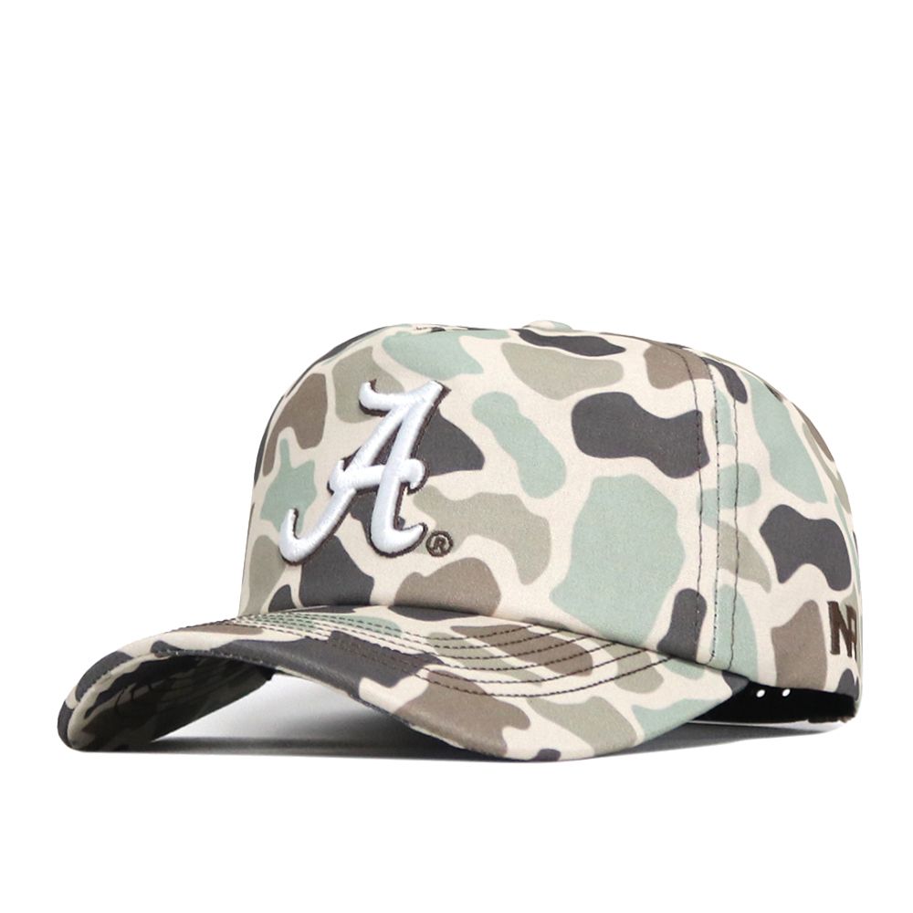 Introducing the Alabama Crimson Tide Huntsman Hat by No Rivals—a camouflage snapback baseball cap made from high quality cotton, featuring a white embroidered letter A on the front and NY on the side. This officially licensed hat seamlessly combines comfort, durability, and signature style.