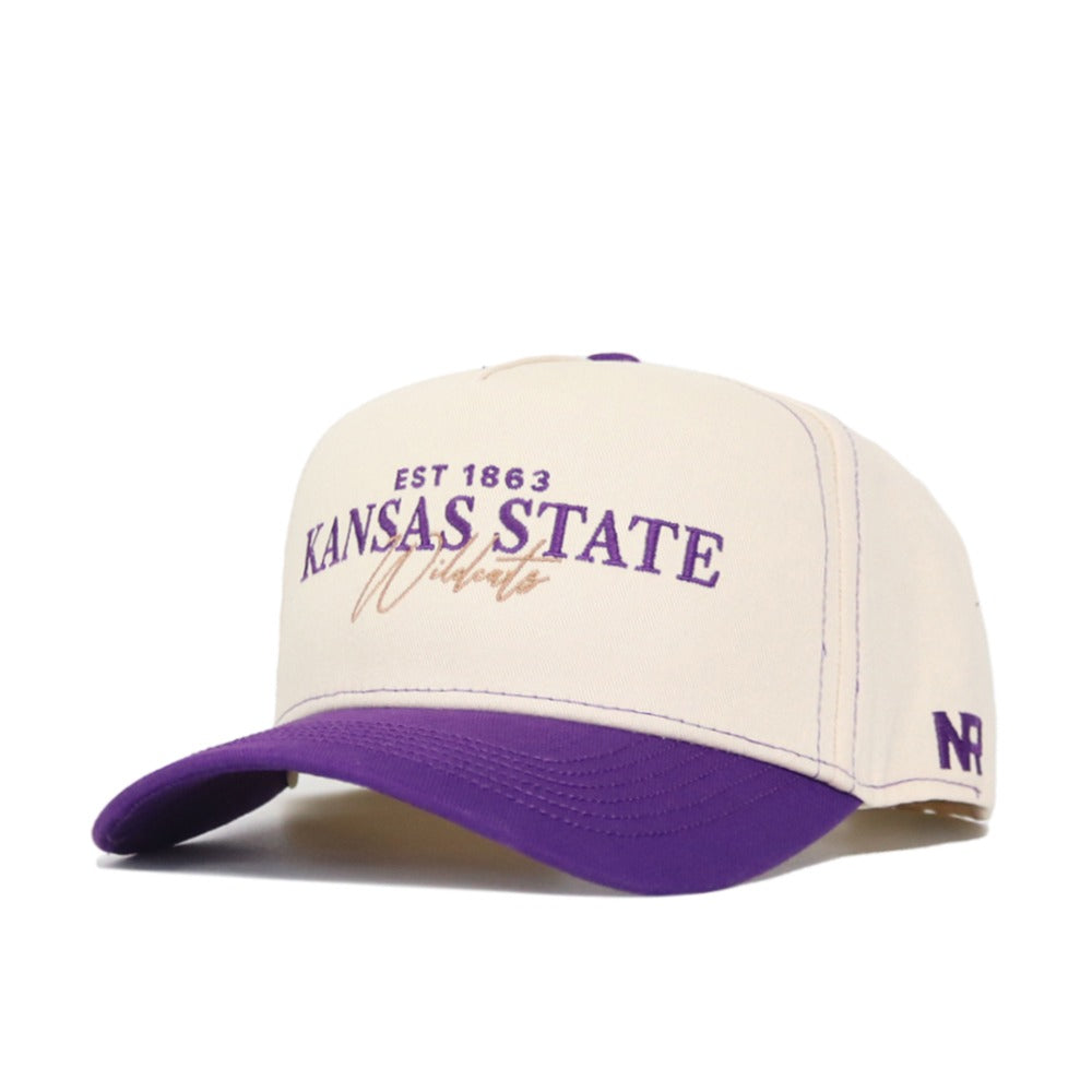 Show your team spirit with the Kansas State Wildcats Vintage Hat by No Rivals. This cream and purple baseball cap is crafted from high-quality cotton and features “EST 1863 KANSAS STATE Wildcats” text on the front, along with an NR logo on the left side of the bill. Designed as a stylish snapback, this hat provides a comfortable gameday fit for any devoted fan.