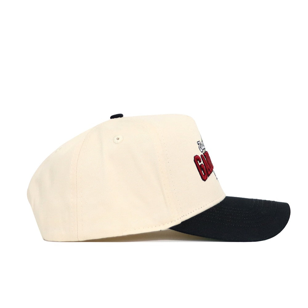 The No Rivals South Carolina Ballpark Hat is shown in side view with a cream crown, black brim and button, red embroidered text and graphics on the front, structured fit, and high-quality cotton construction.