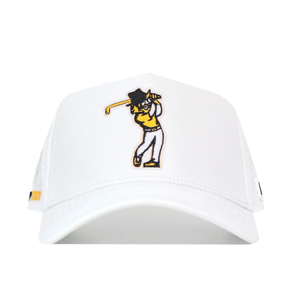 The No Rivals App State Golf Hat - White is a structured snapback featuring an embroidered cartoon golfer in yellow and white swinging a club on the front.