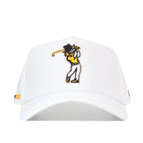 The No Rivals App State Golf Hat - White is a structured snapback featuring an embroidered cartoon golfer in yellow and white swinging a club on the front.