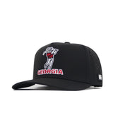 The No Rivals Georgia Bulldogs Golf Hat in black features a flat brim, embroidered bulldog in a red shirt with "GEORGIA" on the front, and a small NR logo on the side. Made from a comfortable polyester-cotton blend.
