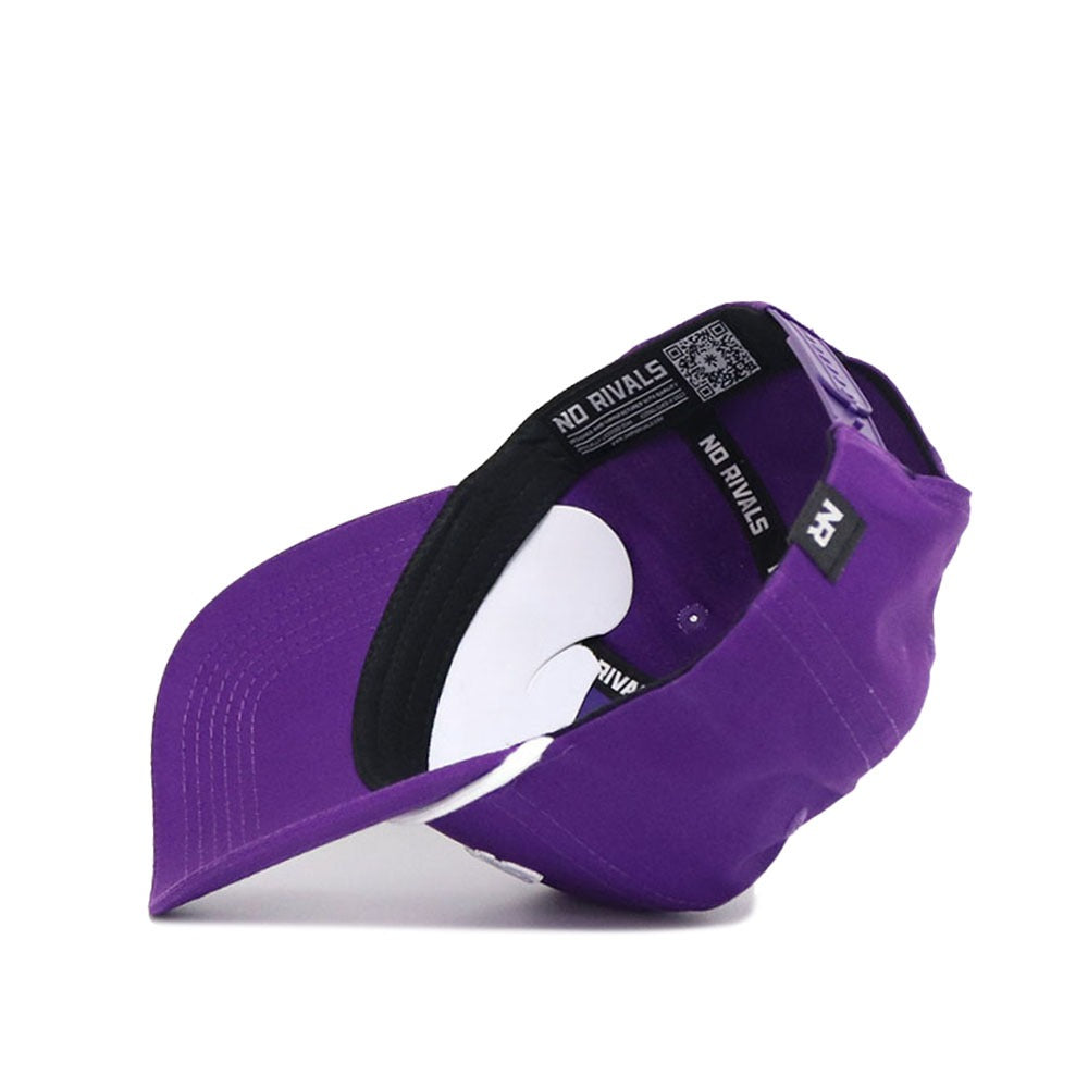 The Upside Down FROGS Hat - TCU - Color Rush by No Rivals is shown upside down, revealing the black inner band with "NO RIVALS" text and a white insert. It features a curved brim and adjustable snapback—perfect for gameday.