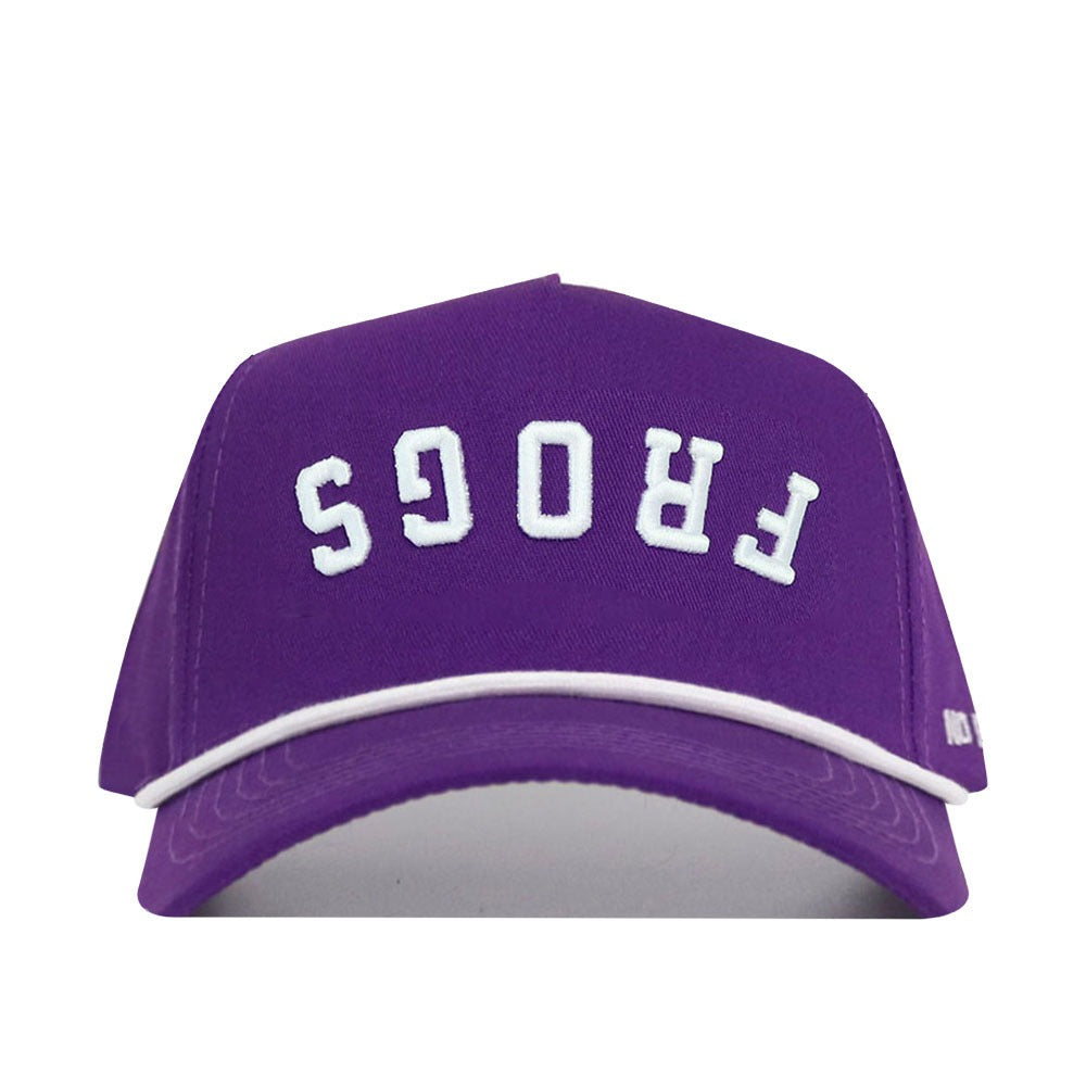 The Upside Down FROGS Hat - TCU - Color Rush from No Rivals is a purple cap with white trim and “FROGS” embroidered upside down in white—an ideal team accessory for any game day.