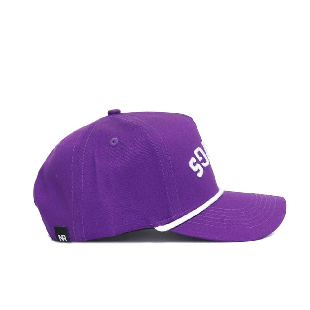 The Upside Down FROGS Hat - TCU - Color Rush by No Rivals is a purple snapback with white piping on the brim, partial white embroidered front text, and a black tag with white lettering at the back—perfect for your team gameday look.