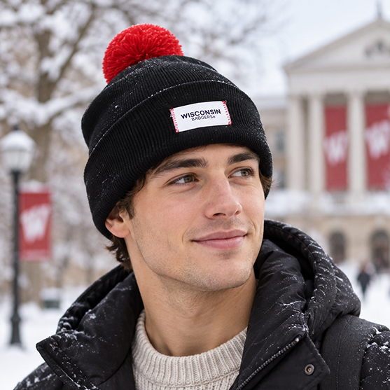 A young man showcases his perfect gameday fit as he stands outside in snowy weather, wearing the No Rivals Wisconsin Badger Patch Beanie—a black hat featuring a red pom-pom and an embroidered Wisconsin Badgers logo—with university buildings and red banners in the background.