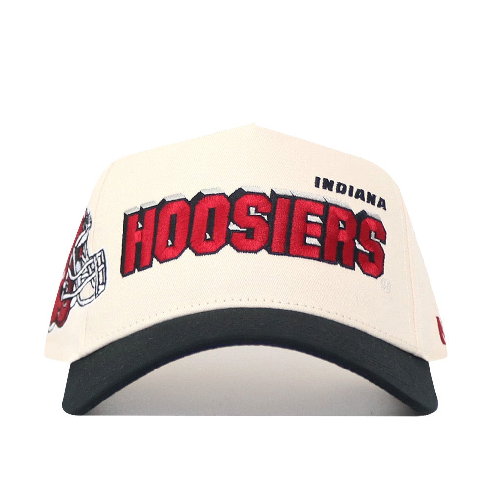 Beige cap with red 'Hoosiers' text and black visor on a white background