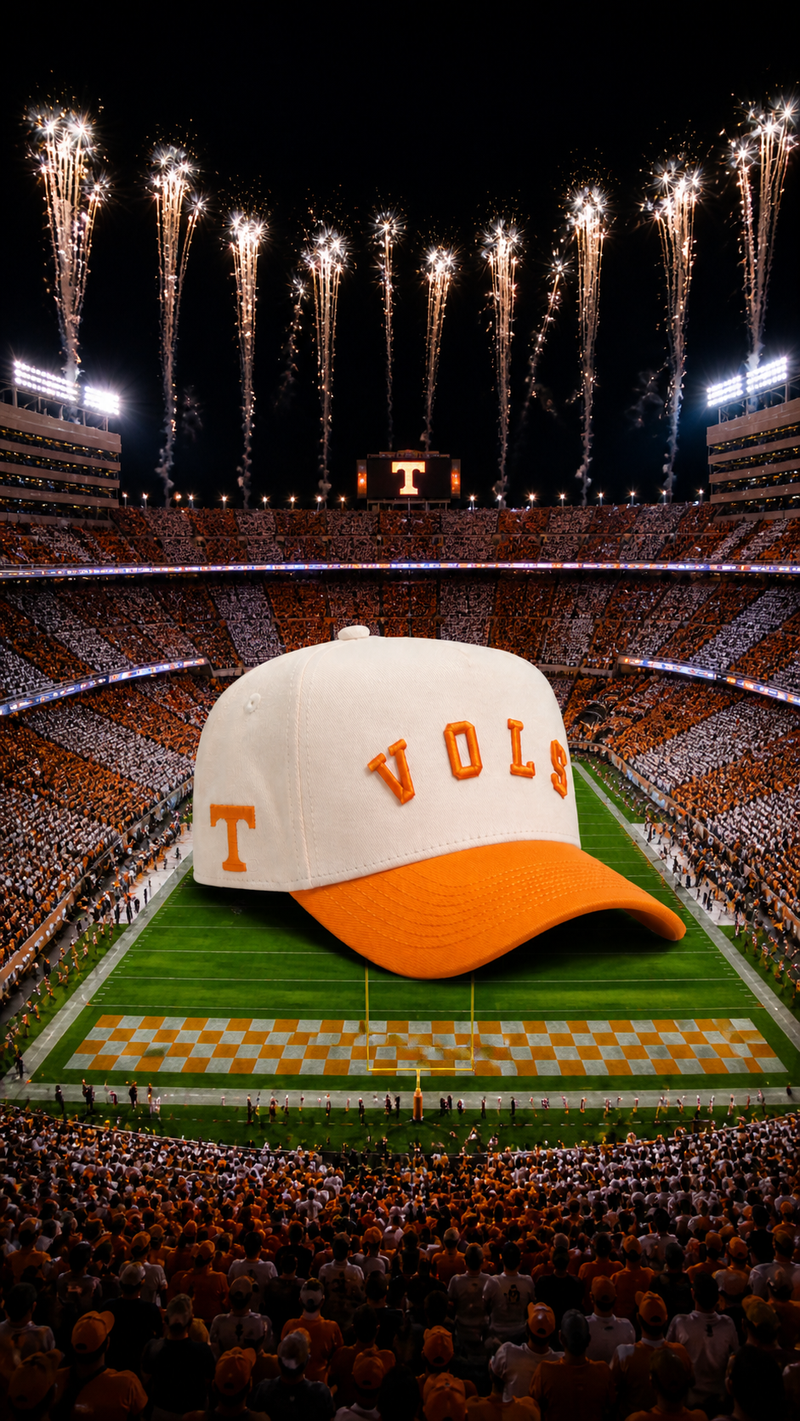 Four white and orange baseball caps with VOLS and a T logo are displayed on a ledge in a stadium during sunset. The stands and field are blurred in the background, filled with fans.