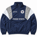 The Penn State Hockey Retro Windbreaker - Navy by No Rivals features navy and gray colors, white accents, front embroidery, a zippered collar, and “PENN STATE” across the chest. Officially licensed.