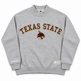 Texas State Mock Neck grey sweatshirt in an oversized fit featuring the text TEXAS STATE and a bobcat mascot logo in maroon and gold lettering on the chest.