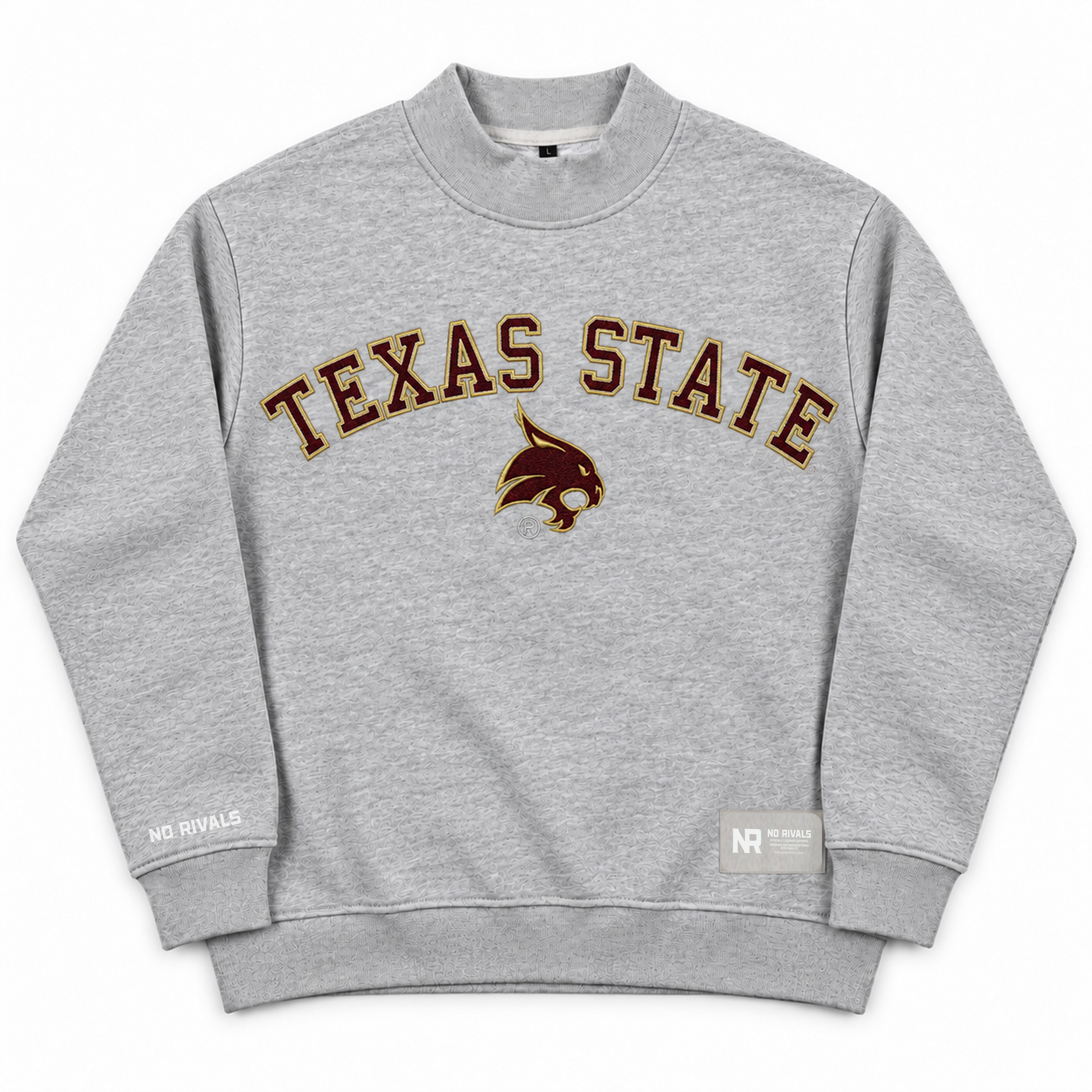 Texas State Mock Neck grey sweatshirt in an oversized fit featuring the text TEXAS STATE and a bobcat mascot logo in maroon and gold lettering on the chest.